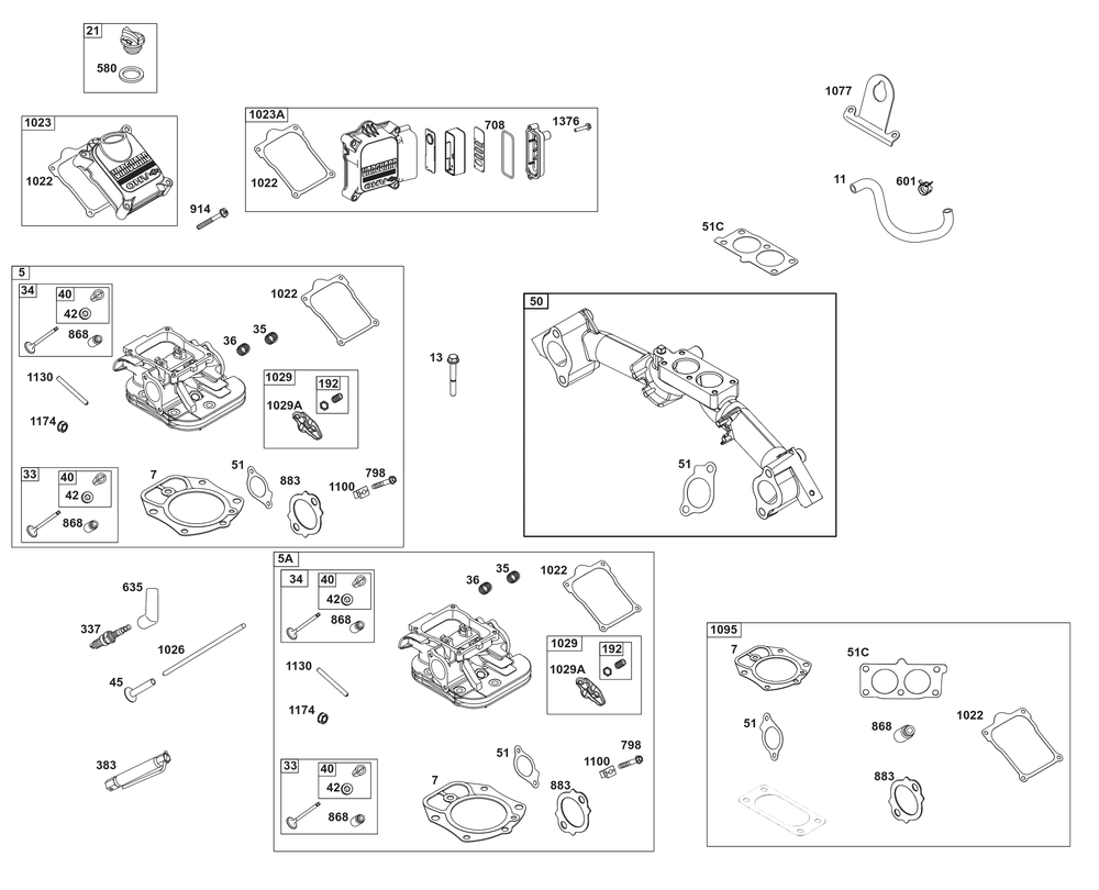Cylinder Head Group Diagram and Parts List for 61H277-0107-E1 400000 - 699999 Briggs and Stratton Engine